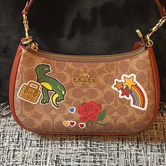 Coach Handbags - Coach Brown Teri Leather Shoulder Bag Crossbody with Monogram and Dinosaur Patch